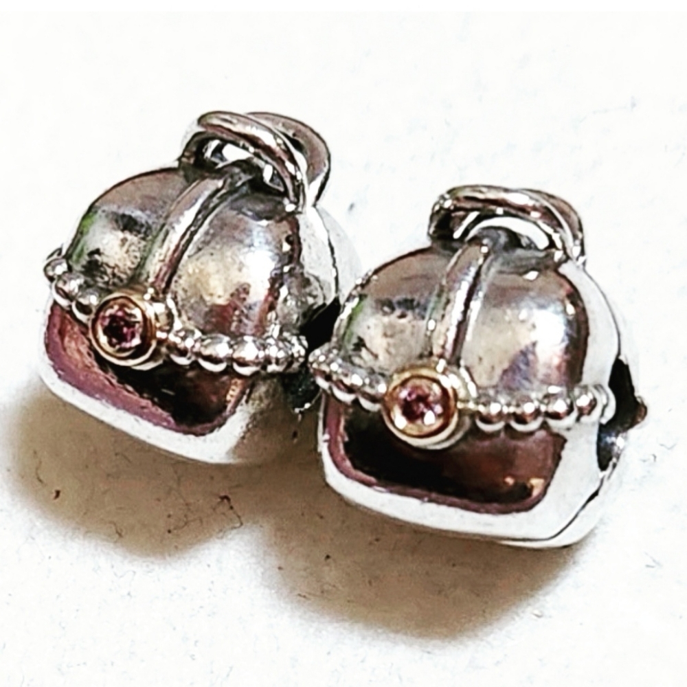 PAIR of authentic Pandora 14K accent charm clips " purse clear CZ " - Picture 6 of 7